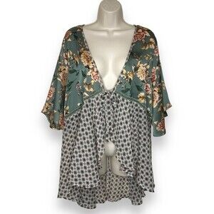NWT Kori America Front Tie Cardigan Multi Media Green Floral Boho Women Large
